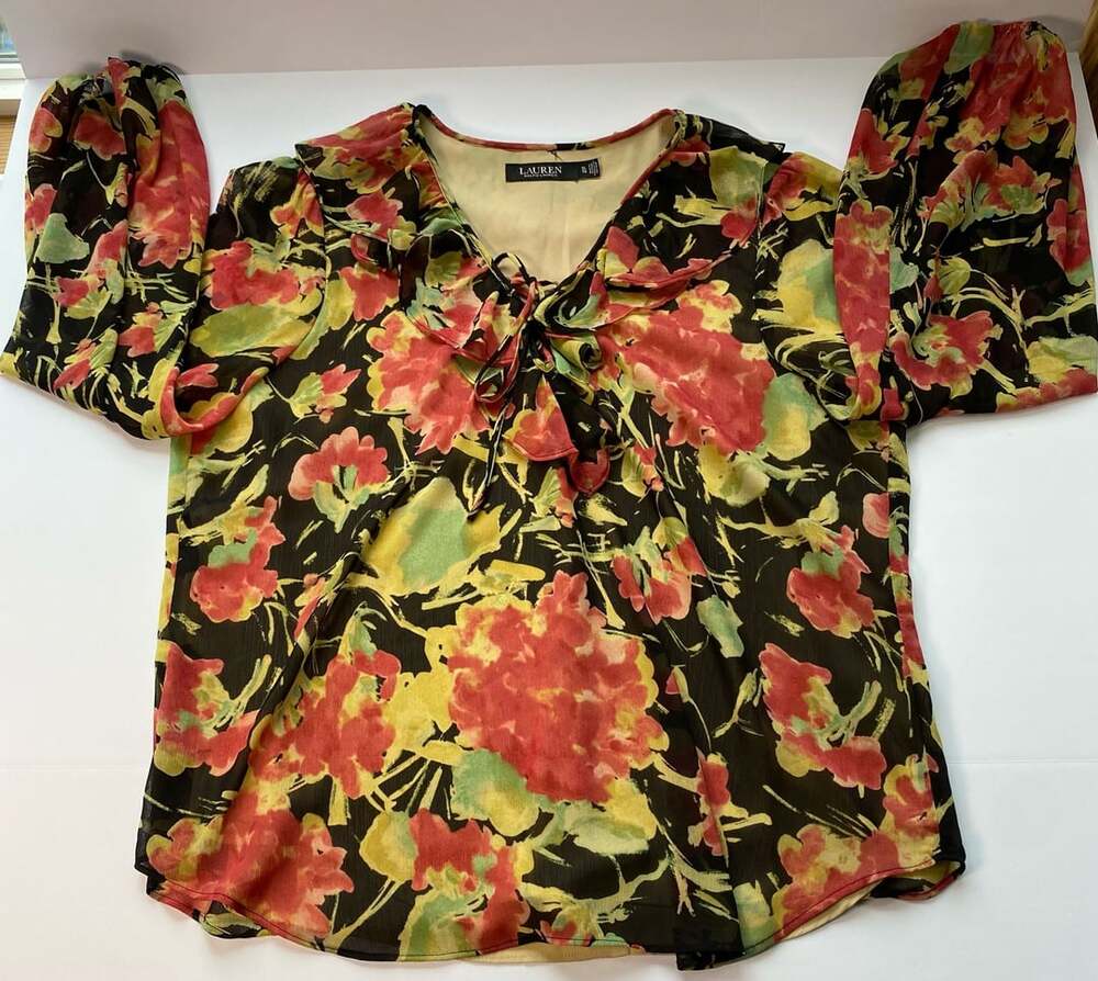 Lauren Ralph Lauren Women's Floral Crinkle Georgette Blouse Size XL Ruffle Neck